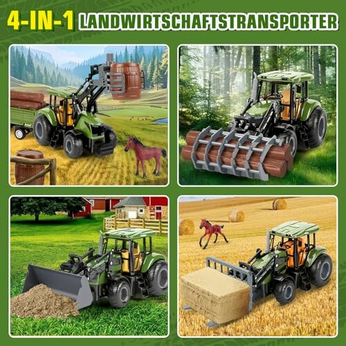 Spielzeugtraktor mit verschiedenen Anbaugeräten für die Landwirtschaft.