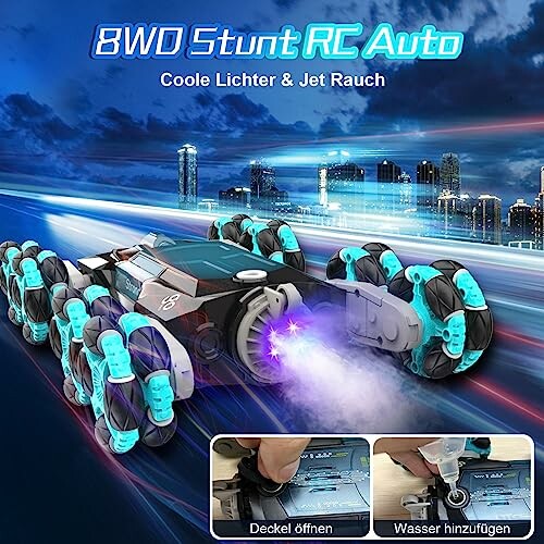 Ferngesteuertes Auto mit Lichtern und Rauch.