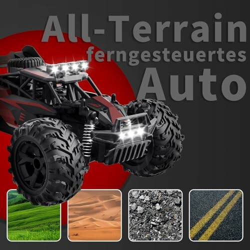 Ferngesteuertes Auto mit großen Reifen und verschiedenen Geländebildern.