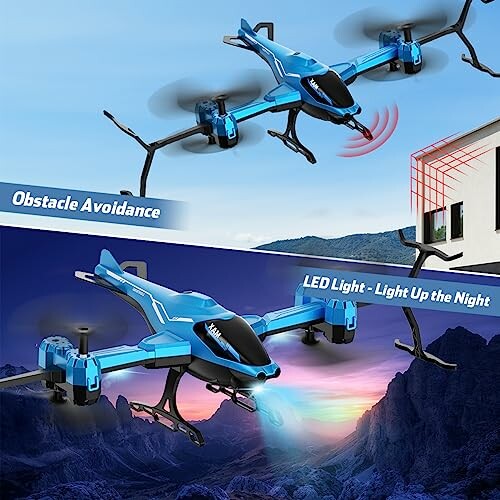 Blauer Drohne mit Hindernisvermeidung und LED-Licht