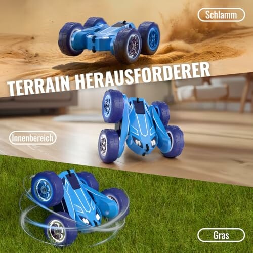 Blaues RC-Auto auf Schlamm, Innenbereich und Gras