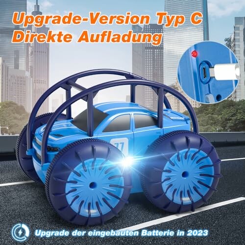 Blaues ferngesteuertes Auto mit großen Rädern und USB-C-Aufladung