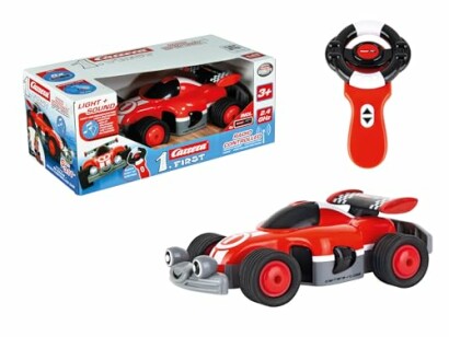 Rotes Carrera-Spielzeugauto mit Fernbedienung.