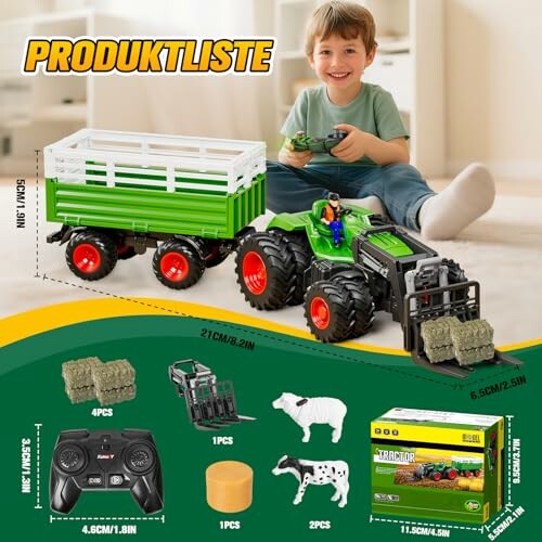 Kind spielt mit Spielzeugtraktor und Anhänger