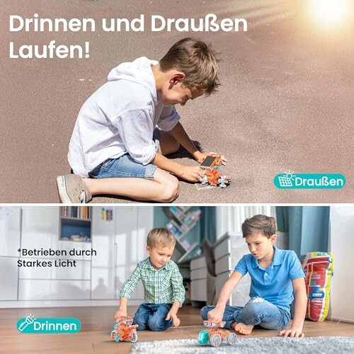 Kinder spielen drinnen und draußen mit Spielzeugautos.