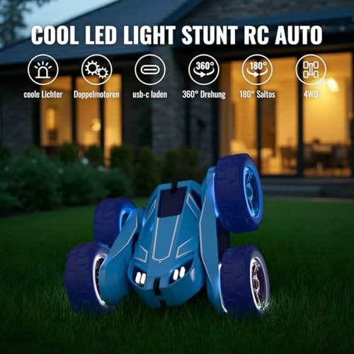 Blaues RC-Auto mit LED-Lichtern im Garten
