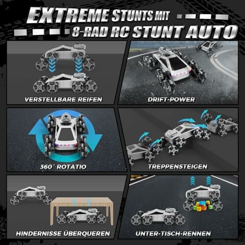 Spielzeugauto mit verstellbaren Reifen und Drift-Fähigkeit.
