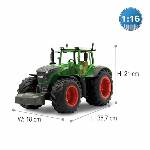 Fendt Traktor im Maßstab 1:16, grün mit roten Rädern.