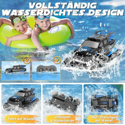 Kinder spielen mit einem ferngesteuerten Auto auf dem Wasser.