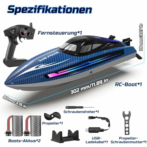 RC-Boot mit Fernsteuerung und Zubehör.