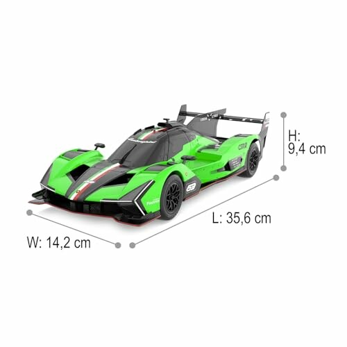 Grünes Spielzeug-Rennauto mit Abmessungen.