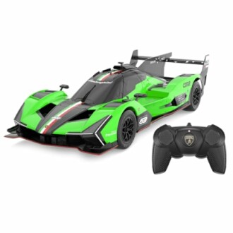 Grünes ferngesteuertes Rennwagenmodell mit Fernbedienung.