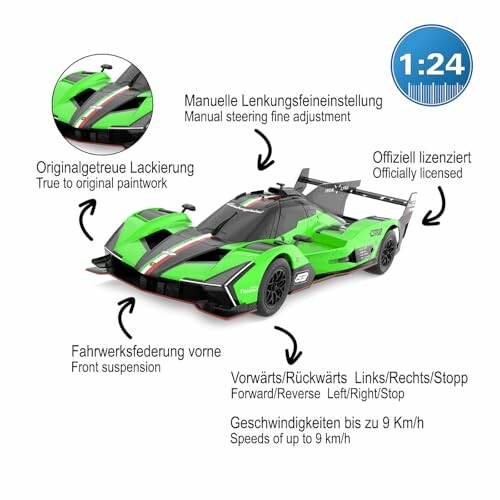 Grünes Spielzeugauto mit verschiedenen Funktionen.