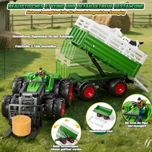 Spielzeugtraktor mit Anhänger und Zubehör auf einem Feld