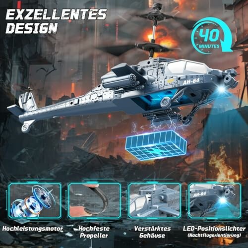 Werbung für ein Spielzeughubschrauber mit LED-Lichtern und Hochleistungsmotor.