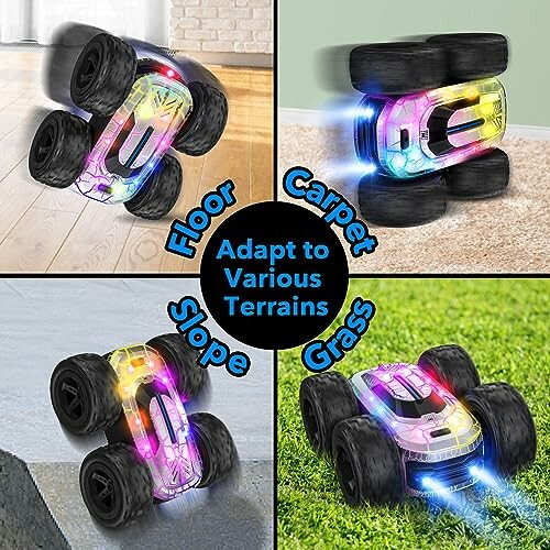 Ferngesteuertes Auto mit leuchtenden Farben auf verschiedenen Oberflächen