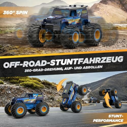 Blaues Offroad-Stuntauto in Aktion mit Monstertruck-Reifen.