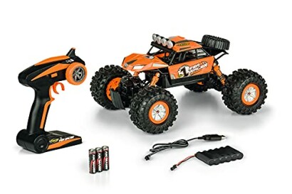 Orangefarbenes ferngesteuertes Monstertruck-Spielzeug mit Zubehör.