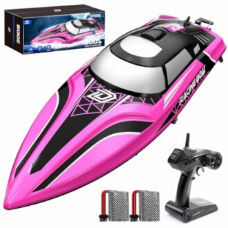 Pinkes ferngesteuertes Rennboot mit Fernbedienung und Zubehör.
