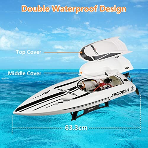 Ferngesteuertes Boot mit abnehmbarer Abdeckung auf blauem Wasser