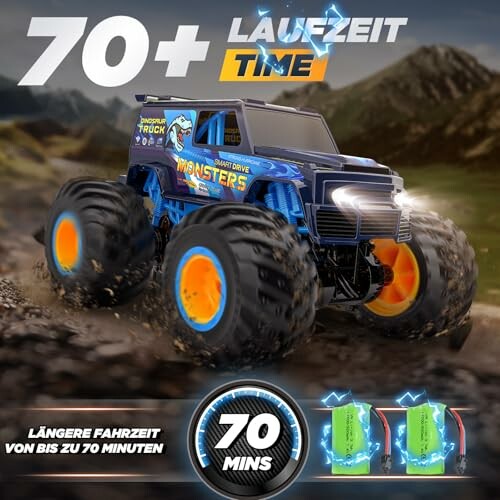 Werbung für ferngesteuertes Monstertruck-Spielzeug mit langer Laufzeit.