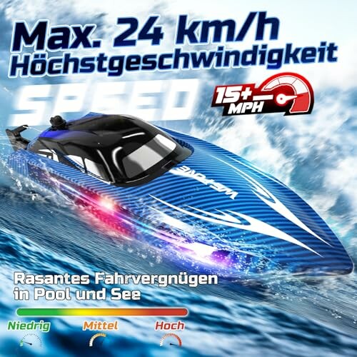 Schnelles ferngesteuertes Boot mit Geschwindigkeitsanzeige.