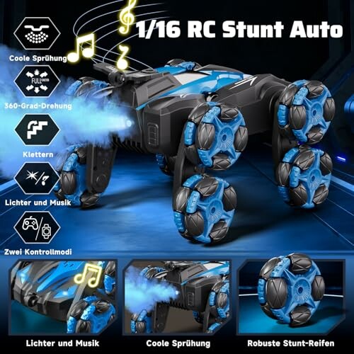 RC-Auto mit Stunt-Fähigkeiten und blauen Rädern