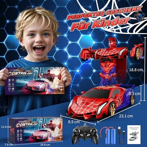 Junge mit ferngesteuertem Auto und Roboter.