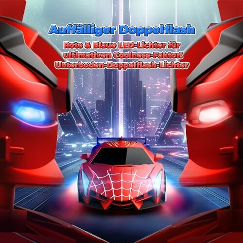 Rotes und blaues Auto mit LED-Lichtern und futuristischem Design