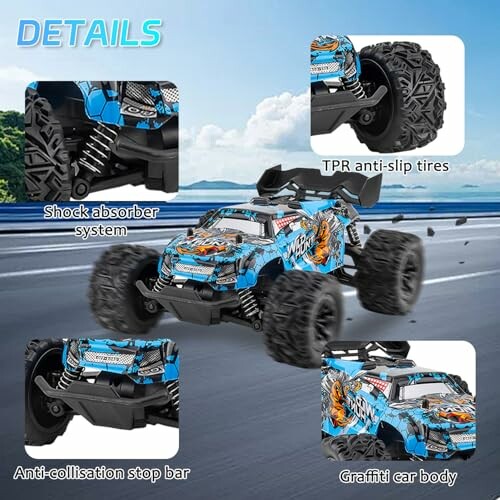 Details eines ferngesteuerten Autos mit stoßdämpfendem System und Graffiti-Design.