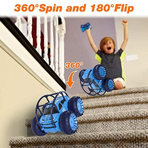 Ferngesteuertes Auto fährt Treppe hinauf, Kind jubelt.