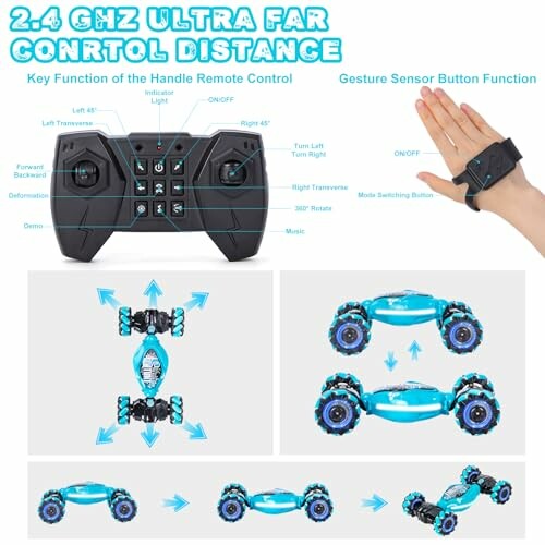 Blaues ferngesteuertes Auto mit Gestensensor und Fernbedienung.