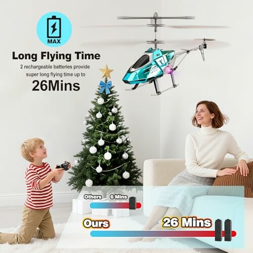 Frau und Kind spielen mit ferngesteuertem Hubschrauber neben Weihnachtsbaum.