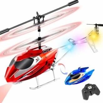 Ferngesteuerter Hubschrauber mit Lichtern und Steuerung.