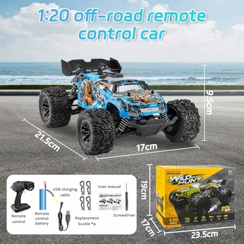 Blaues ferngesteuertes Offroad-Auto mit Zubehör.