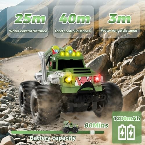 Ferngesteuertes Offroad-Fahrzeug auf einem steinigen Pfad mit Reichweiten- und Batteriekapazitätsangaben.