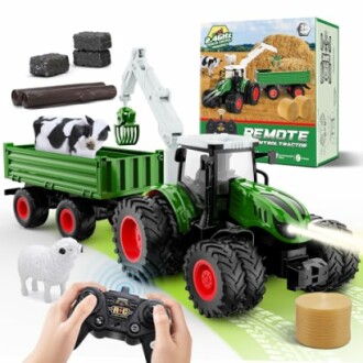 Ferngesteuerter Traktor mit Anhänger, Tierfiguren und Zubehör.