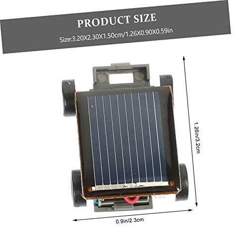 Kleines Spielzeugauto mit Solarpanel und Größenangaben.