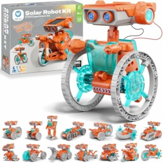 Solarbetriebener Roboterbausatz mit verschiedenen Modellen.