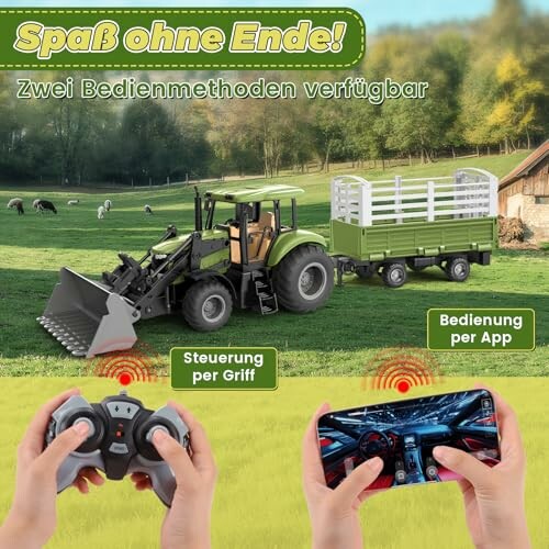 Spielzeugtraktor mit Bagger und Anhänger, ferngesteuert.