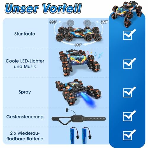 Stuntauto mit LED-Lichtern, Musik, Spray und Gestensteuerung