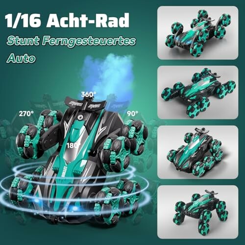 Ferngesteuertes Auto mit Stuntfähigkeiten und drehbaren Rädern.