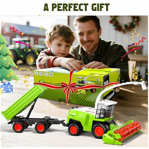 Vater und Sohn öffnen ein Spielzeugtraktor-Geschenk.