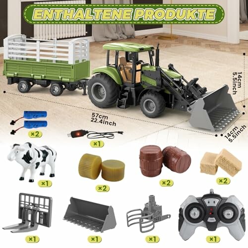 Spielzeugtraktor-Set mit Zubehör und Maßen