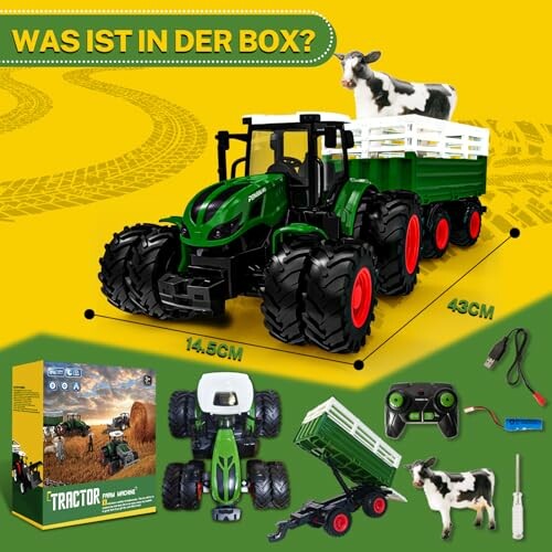 Spielzeugtraktor mit Anhänger und Kuh.