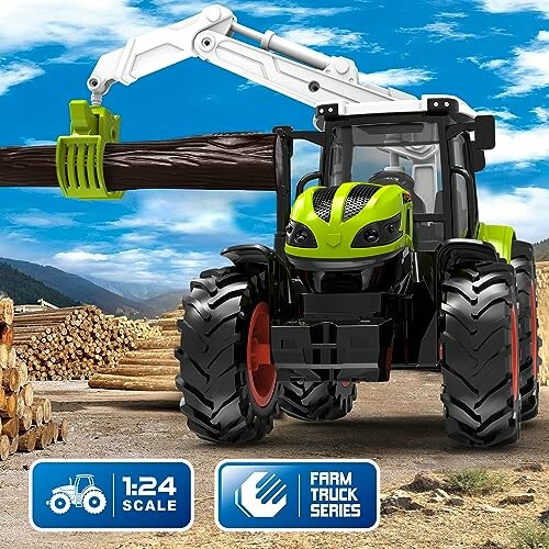 Spielzeugtraktor mit Holzstamm im Freien